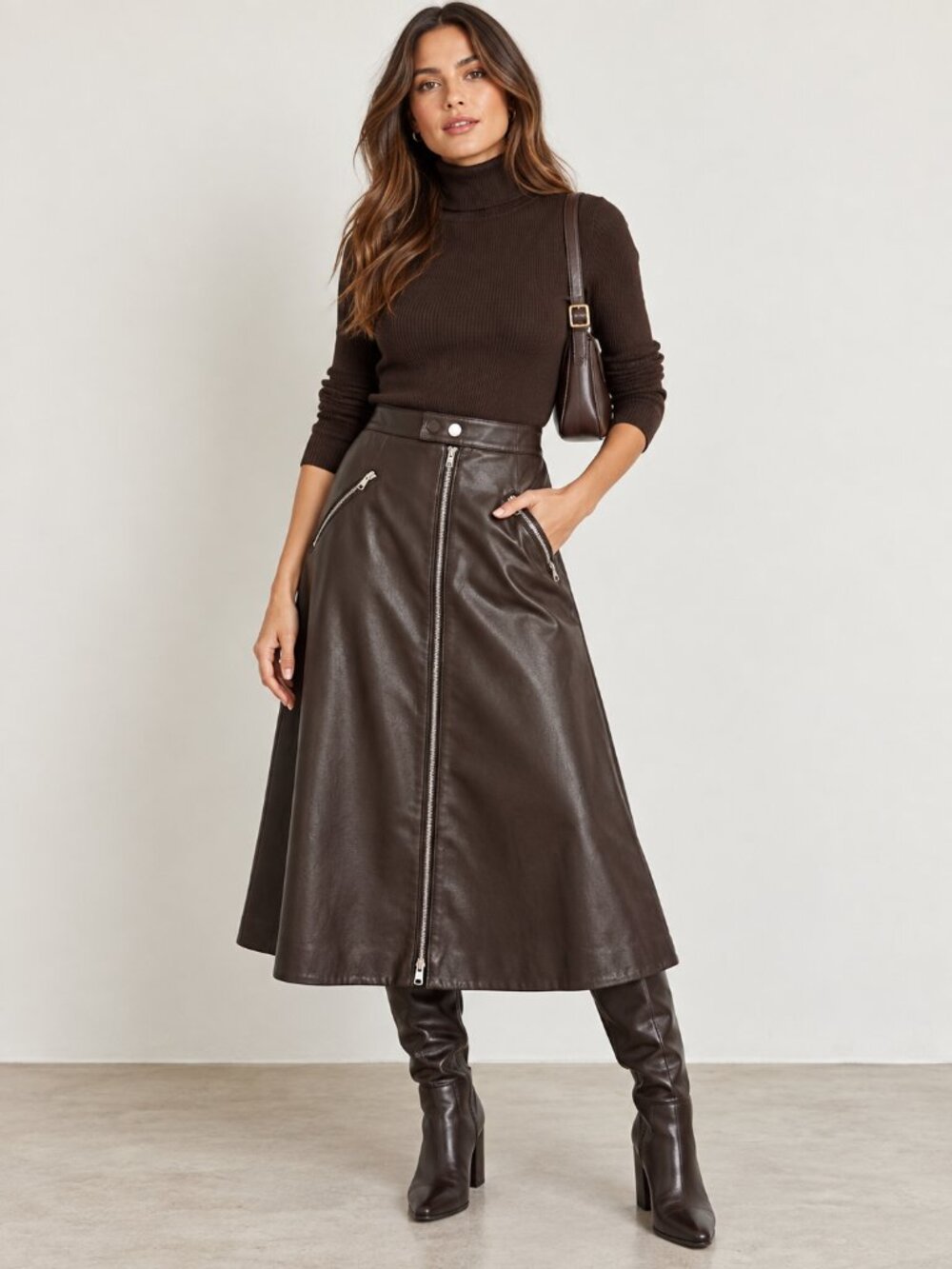 H&M Edition Dark Brown Faux Leather A-Line Midi Skirt Size 10
